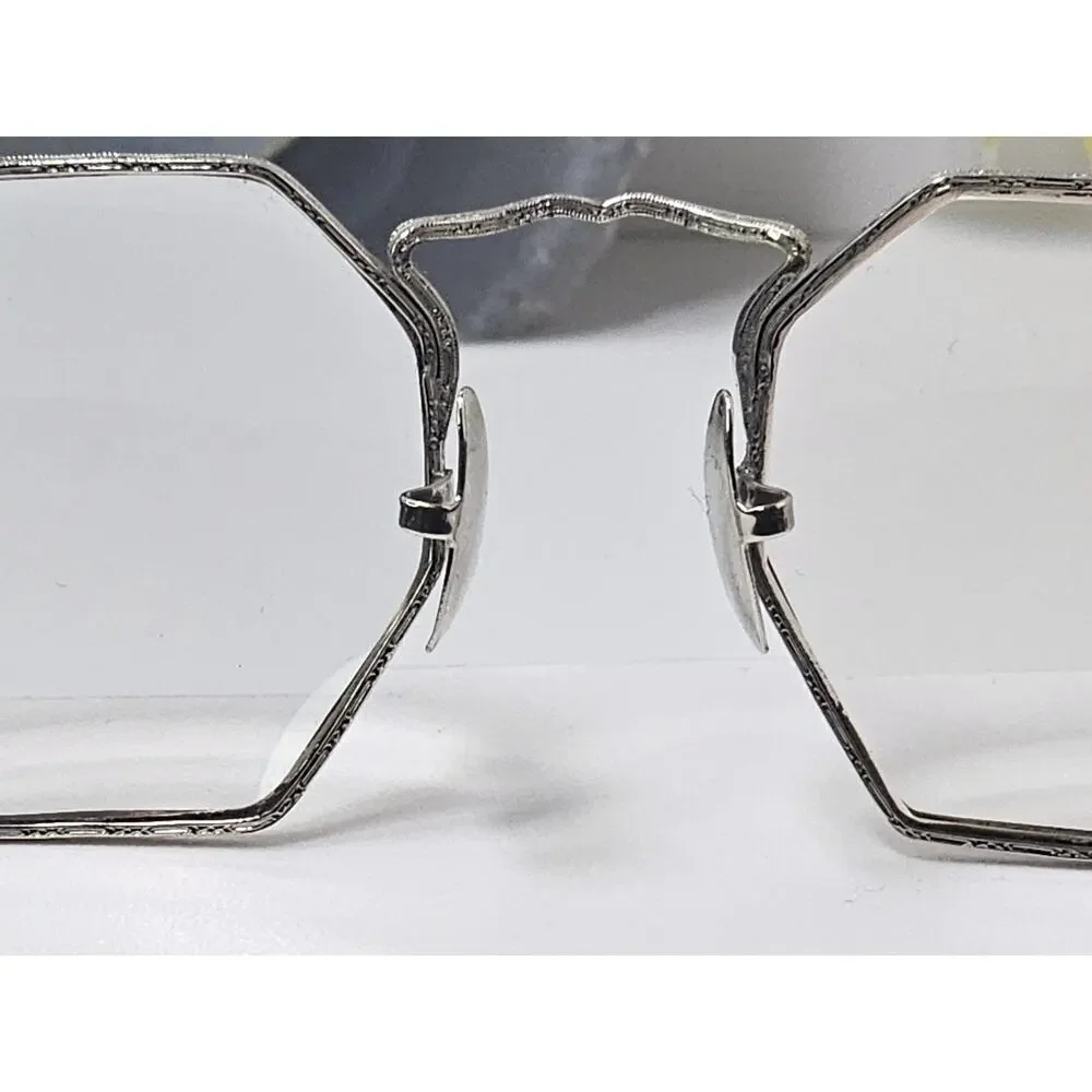 Art Deco Cortland White Gold Filled Octagon Framed Glasses - 10K White Gold Pads
